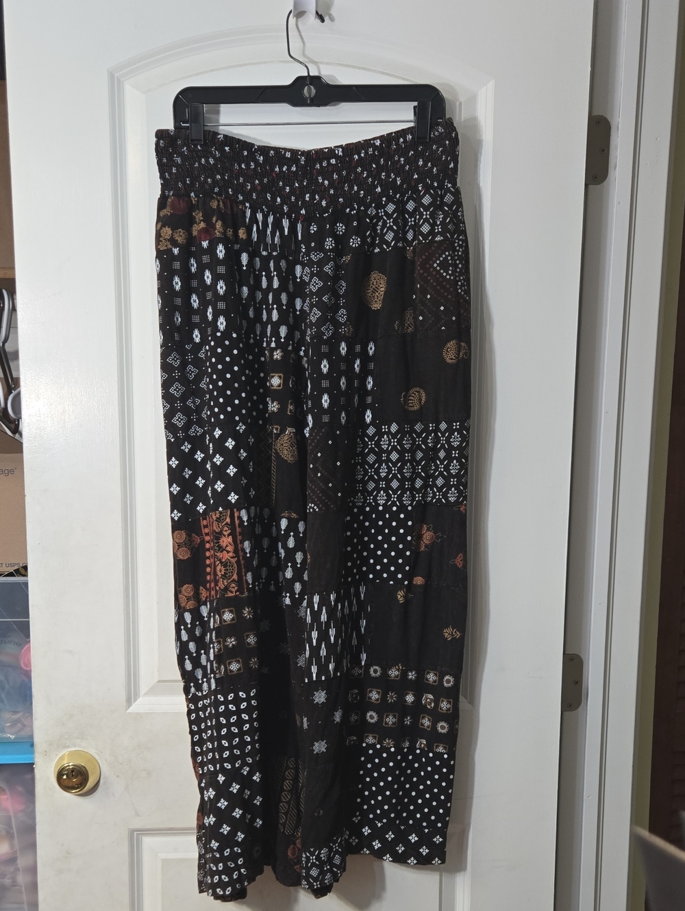 Earthbound Palazzo Brown Patchwork Elastic-Waist Pants Large Pockets